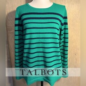 Talbots Green & Navy Striped 100% Cashmere Crew Neck Sweater M